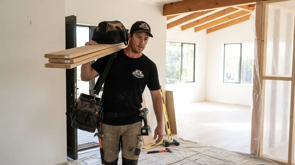 Professional tradesman carrying timber and tools during a home renovation project.